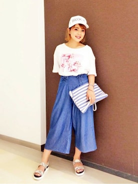 「アイテム（クラッチバッグ、ブルー系）」を使った、mihoさん（レディース・148cm）の夏コーディネート