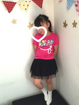 「ANAP kids（アナップキッズ）のANAP/アナップ KIDS ボタニカルロゴスマイルＴシャツ（Tシャツ/カットソー、ピンク系）」を使った、ichi✩akaさん（キッズ・130cm）の春コーディネート