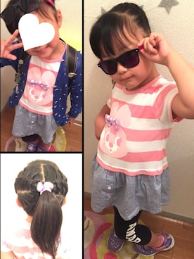 「ANAP kids（アナップキッズ）のANAP/アナップ KIDS ボーダーPOMPOMダンガリー重ね着風ワンピ（ワンピース、ピンク系）」を使った、ichi✩akaさん（キッズ・130cm）の夏コーディネート