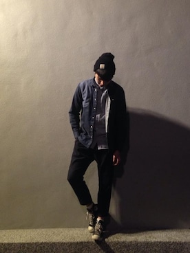 「Carhartt WIP（カーハートダブリューアイピー）のアイテム（デニムジャケット）」を使った、Klaus Chuangさん（メンズ・188cm）の冬コーディネート