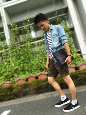 「NANO universe（ナノユニバース）のTMT別注 ユニセックスカラースリッポン（スニーカー）」を使った、みつるさん（メンズ・165cm）の夏コーディネート