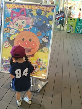 「西松屋（ニシマツヤ）のアイテム（キャップ、レッド系）」を使った、R.さん（キッズ・120cm）の夏コーディネート