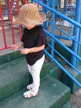 「西松屋（ニシマツヤ）のアイテム（その他パンツ、ホワイト系）」を使った、R.さん（キッズ・120cm）の夏コーディネート