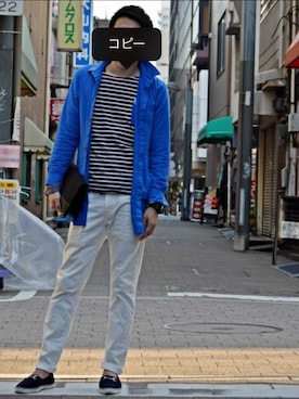 「青×白」｜「アイテム（その他アウター）」を使った、hedaykeyさん（メンズ・180cm）の春コーディネート