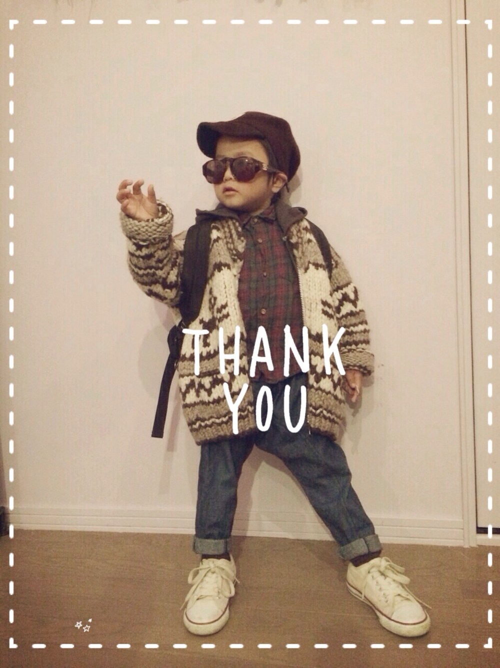 「カウチンセーター、2014年、ラストWEAR」｜「VINTAGEの母の。（ニット/セーター、ブラウン系）」を使った、☆PDY☆さん（キッズ・100cm）の冬コーディネートの1枚目の写真