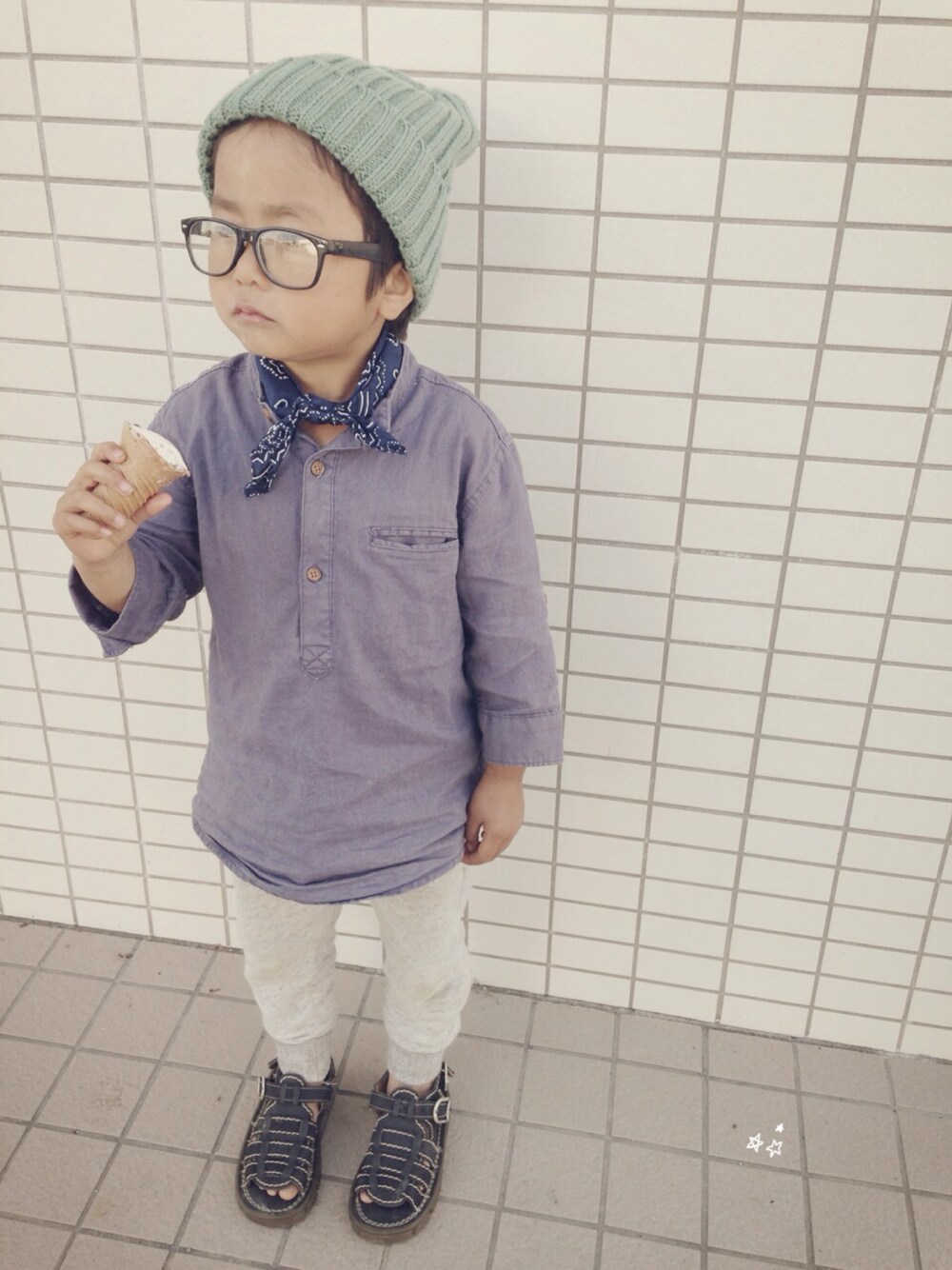 「バンダナ、シャツスタイル、春色、サンダル」｜「ZARA KIDS  (おさがり)のアイテム（シャツ/ブラウス、ブルー系）」を使った、☆PDY☆さん（キッズ・100cm）の春コーディネートの1枚目の写真