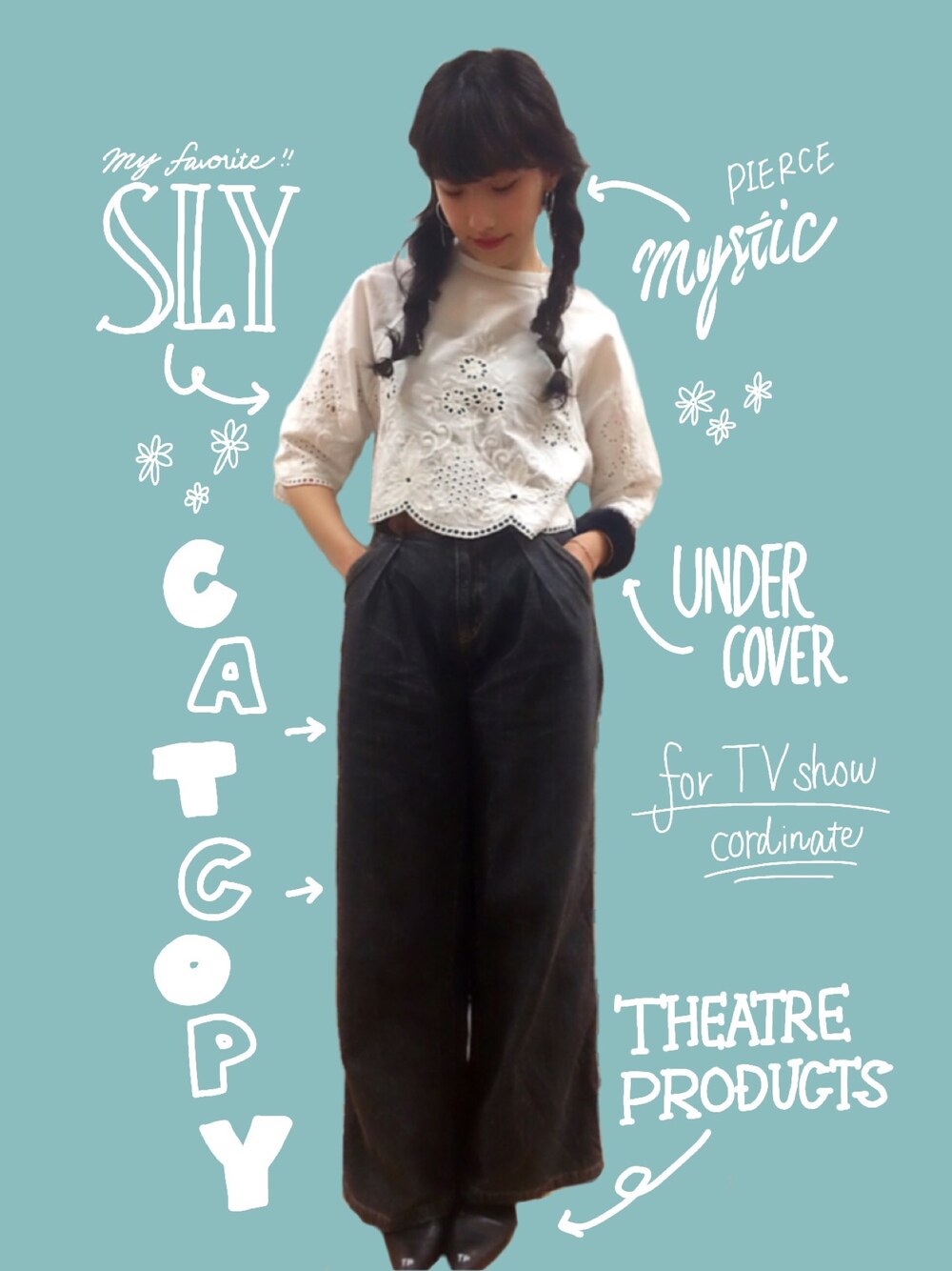 ブルー系のデニムパンツ、ブラック系のサンダル、シルバー系のピアス(両耳用)を着用したレディースの春コーディネートの1枚目の写真