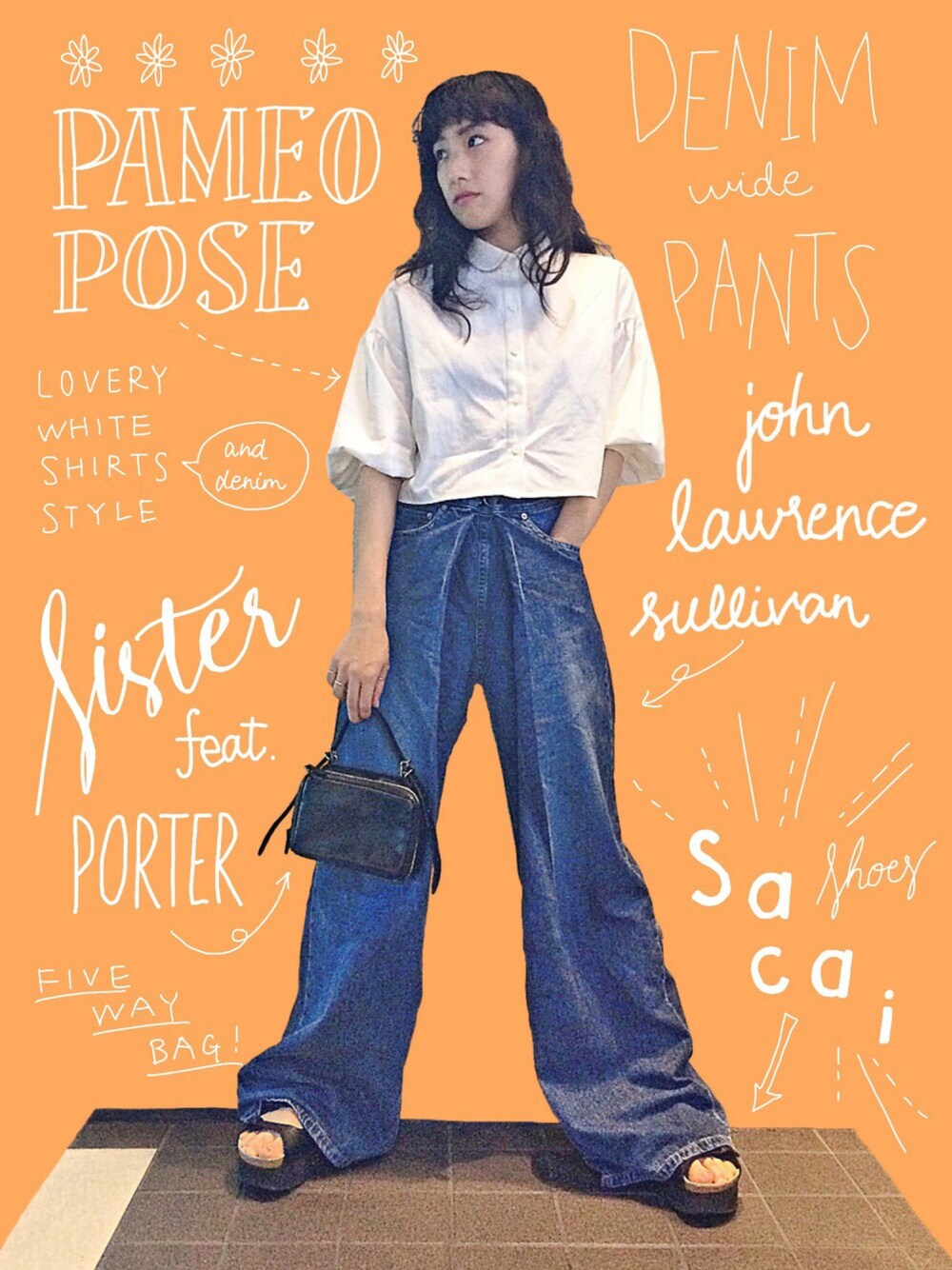 ホワイト系のシャツ/ブラウス、ブルー系のデニムパンツ、ブラック系のサンダルを着用したレディースの夏コーディネートの1枚目の写真