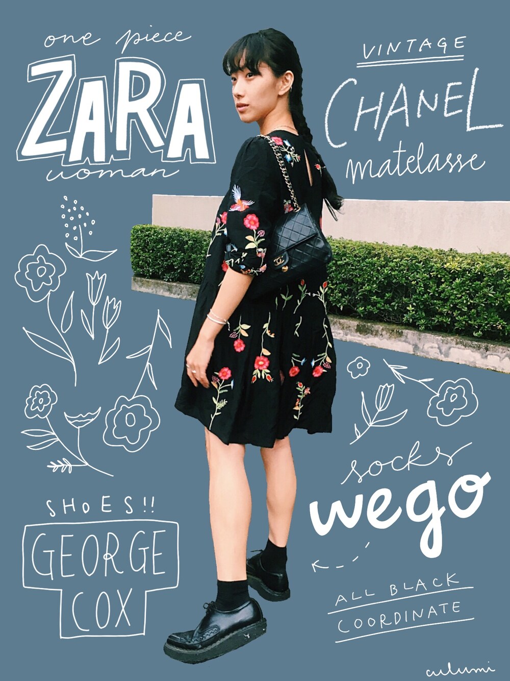 ブラック系のワンピース/ドレス、ブラック系のショルダーバッグ、ブラック系のその他シューズを着用したレディースの秋コーディネートの1枚目の写真