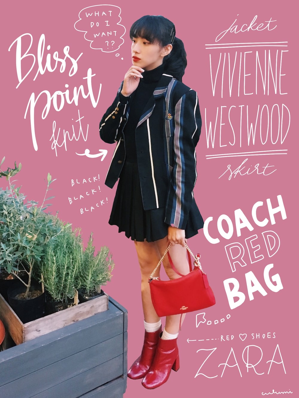 ブラック系のニット/セーター、ブラック系のスカート、レッド系のブーツを着用したレディースの秋コーディネートの1枚目の写真