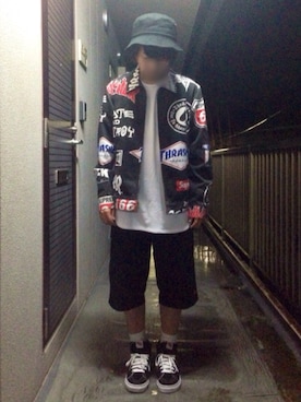 「Supreme （シュプリーム）のアイテム（ジャケット/アウター、ブラック系）」を使った、mozukuさん（メンズ・165cm）の夏コーディネート