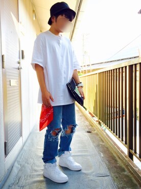 「NIKE（ナイキ）のアイテム（スニーカー、ホワイト系）」を使った、mozukuさん（メンズ・165cm）の夏コーディネート