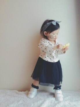 「アイテム（ヘアアクセサリー、ブルー系）」を使った、みわこさん（キッズ・70cm）の秋コーディネート