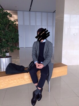 「UNUSED」｜「アイテム（ステンカラーコート）」を使った、Moriさん（メンズ・177cm）の冬コーディネート