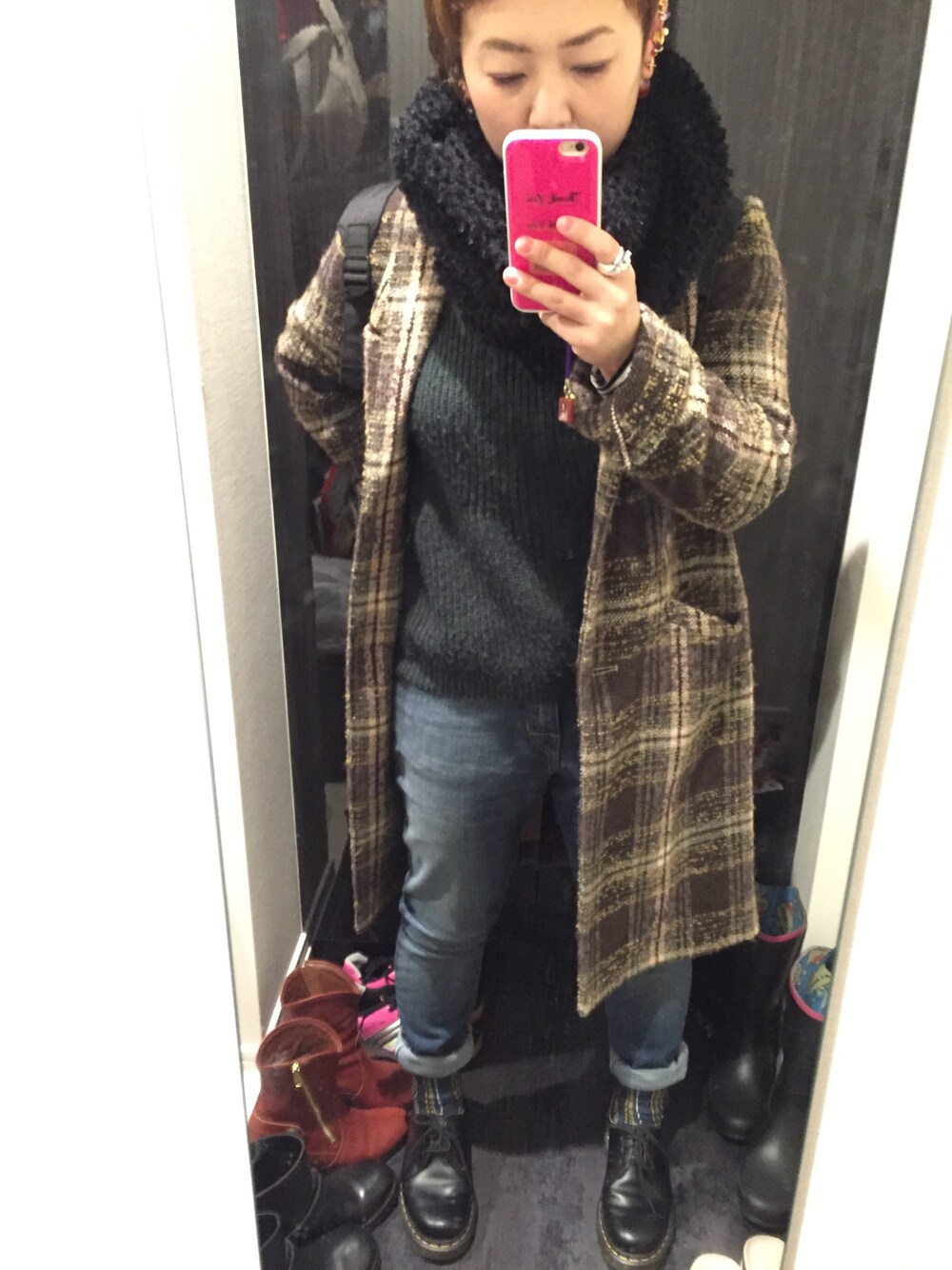 「alcaliのnota della mano sinistra /  ウールチェック　チェスターコート（チェスターコート、ブラウン系）」を使った、m＊keさん（レディース・151cm）の冬コーディネートの1枚目の写真