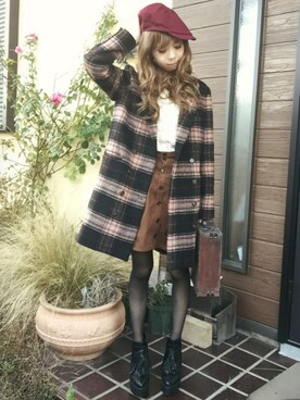 「ウエストイン」｜「アイテム（ハンチング/ベレー帽）」を使った、清水夏姫さん（レディース・160cm）の冬コーディネート