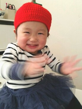 「西松屋（ニシマツヤ）のアイテム（Tシャツ/カットソー、ホワイト系）」を使った、mylabooさん（キッズ・90cm）の冬コーディネート