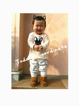 「ZARAminiのアイテム（Tシャツ/カットソー、ピンク系）」を使った、mylabooさん（キッズ・90cm）の冬コーディネート