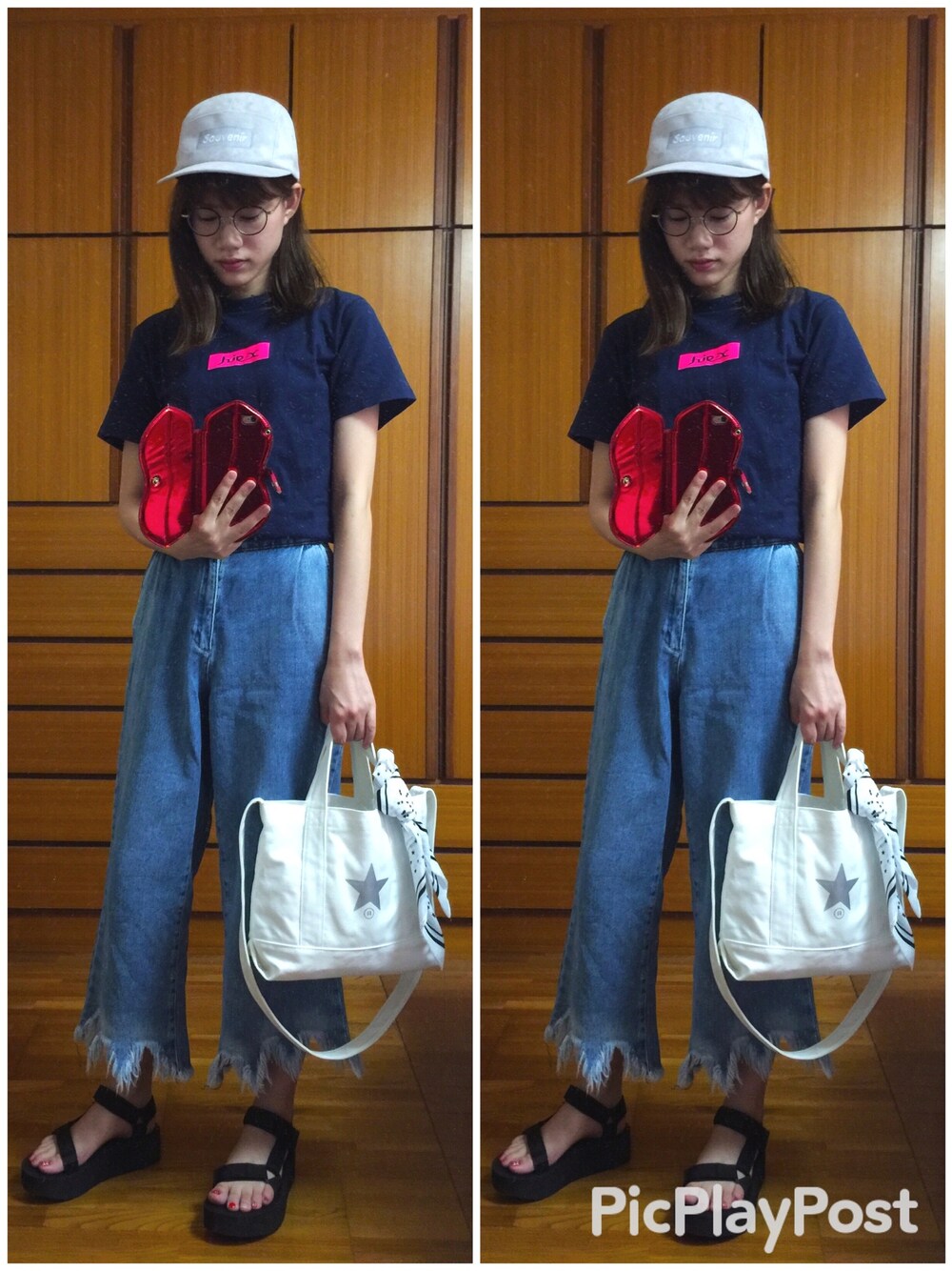 「カジュアル、メガネ女子、キャップ×メガネ、キャップ部、デニムパンツ、Tシャツ×デニム」｜「WHO'S WHO galleryの【rinevuos】スエードジェットキャップ（キャップ、グレー系）」を使った、ERI☆PIYO.さん（レディース・162cm）の夏コーディネートの1枚目の写真