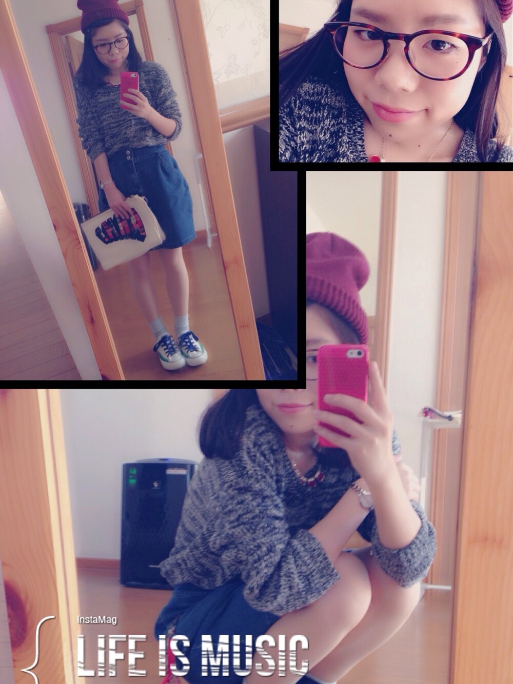 「ニット帽、ニット、デニムスカート、GU、Heather、学校、school、knit、WEAR HALLOWEEN 2014」｜「GUのアイテム（ニット/セーター、グレー系）」を使った、minapyon🐻さん（レディース・150cm）の秋コーディネートの1枚目の写真
