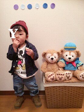 「ママのやつ♡のアイテム（ニットキャップ/ビーニー、レッド系）」を使った、yutanxmskさん（キッズ・90cm）の秋コーディネート