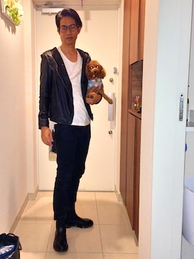 「HELMUT LANG（ヘルムートラング）のアイテム（ライダースジャケット）」を使った、Ryusukeさん（メンズ・171cm）の秋コーディネート