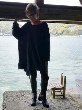 「ALBINO（アルビーノ）のアイテム（ニット/セーター、ブラック系）」を使った、麦穂さん（レディース・153cm）の春コーディネート