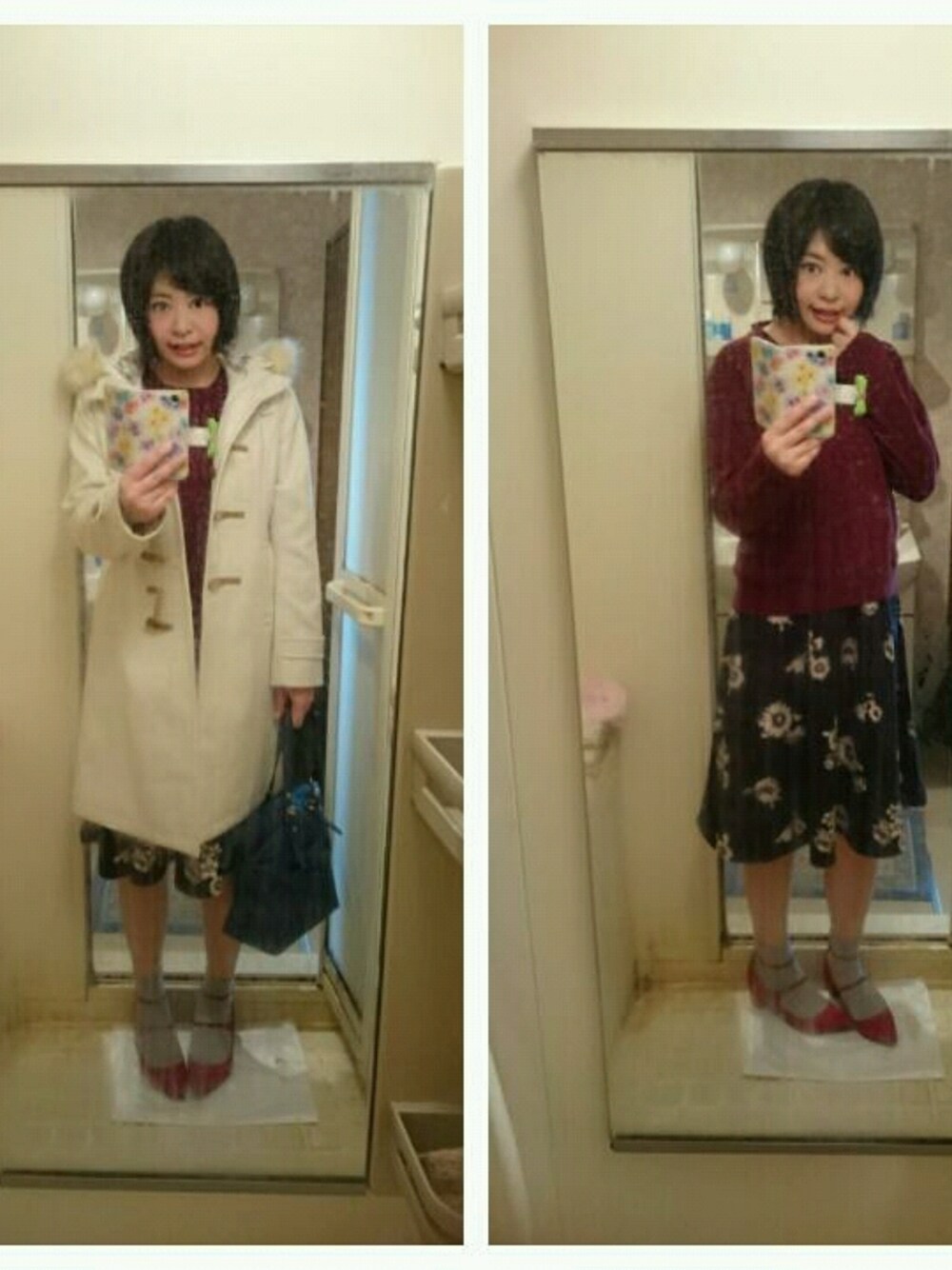 ホワイト系のダッフルコート、レッド系のニット/セーター、ブルー系のスカートを着用したレディースの秋コーディネートの1枚目の写真