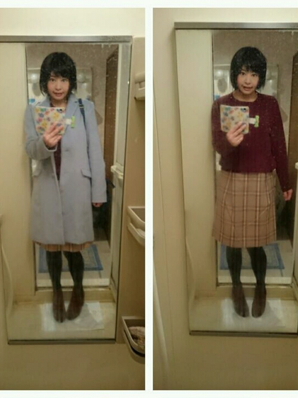 ブルー系のチェスターコート、ブルー系のバッグ、レッド系のニット/セーターを着用したレディースの秋コーディネートの1枚目の写真