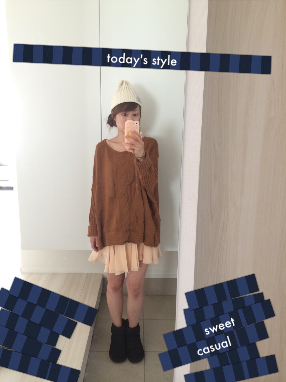 「ベージュコーデ、レイヤードスタイル、ニット、UGG、Aラインワンピース」｜「B.C STOCKのアイテム（ニット/セーター、ブラウン系）」を使った、mayuさん（レディース・155cm）の秋コーディネートの1枚目の写真