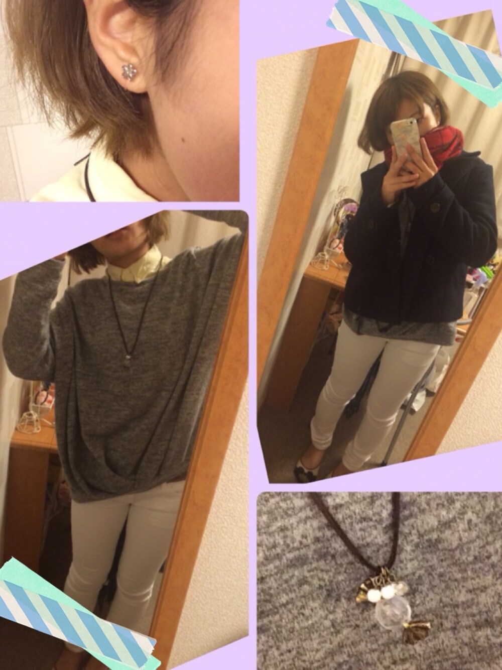 イエロー系のシャツ/ブラウス、グレー系のカーディガン/ボレロ、ホワイト系のその他パンツを着用したレディースの冬コーディネートの1枚目の写真