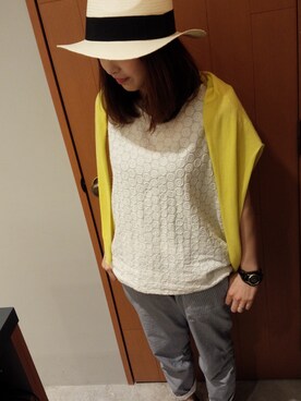 「soi-e ソワのドット刺繍ノースリ（シャツ/ブラウス、ホワイト系）」を使った、まいさん（レディース）の夏コーディネート