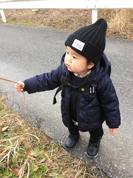 「無印良品（ムジルシリョウヒン）のアイテム（ダウンジャケット/コート）」を使った、totoさん（キッズ・70cm）の冬コーディネート