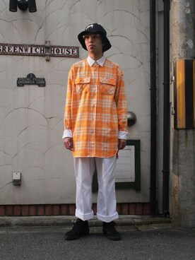 「GANRYU（ガンリュウ）のシャツ（シャツ/ブラウス、オレンジ系）」を使った、しょーたさん（メンズ・177cm）の春コーディネート