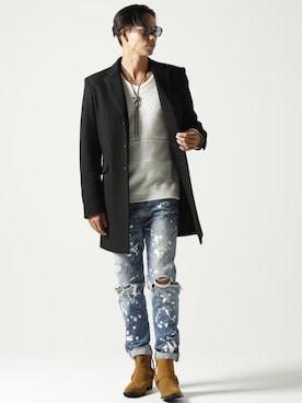 「jackrose」｜「アイテム（チェスターコート）」を使った、JACKROSE OFFICIALさん（メンズ・175cm）の冬コーディネート