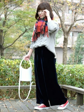 「SLOBE IENA（スローブイエナ）の3GG Vネックケーブルニット◆（ニット/セーター）」を使った、*kumiko*さん（レディース・157cm）の冬コーディネート