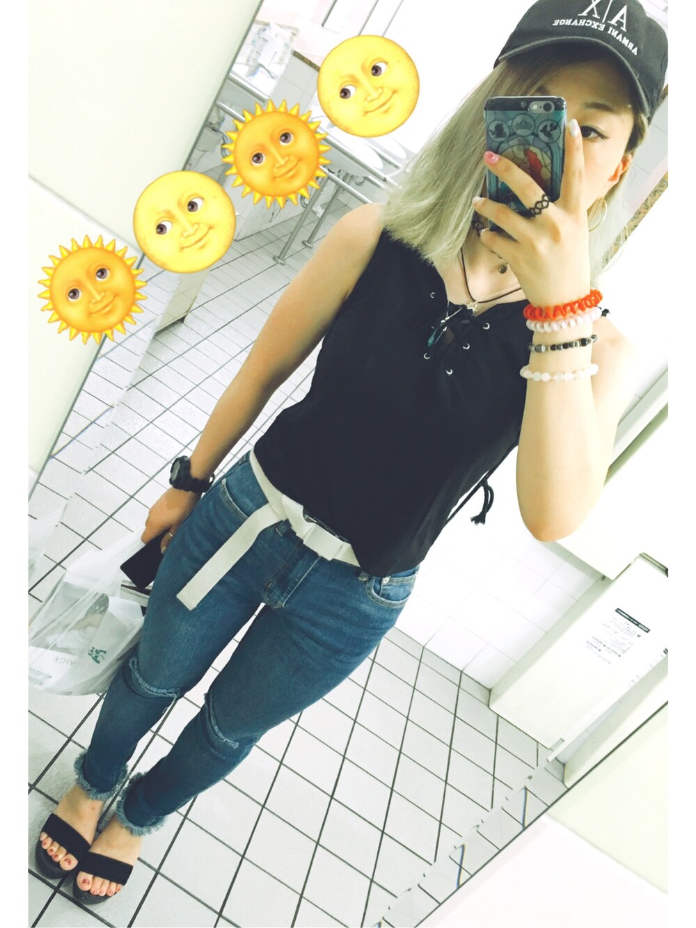 「夏コーデ、summer、armaniexchange、ラクチンコーデ、デニム、フリンジ、ガチャベルト、CAP、used、お姉さん装ってる系女子」｜「ARMANI EXCHANGEのアイテム（キャップ、ブラック系）」を使った、ascさん（レディース・151cm）の夏コーディネートの1枚目の写真