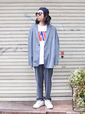 「my beautiful landlet（マイビューティフルランドレット）のアイテム（テーラードジャケット）」を使った、Wallace & Murronさん（メンズ・175cm）の春コーディネート