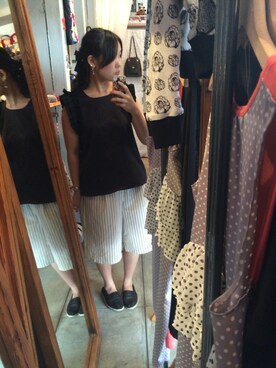 「しまむら（シマムラ）のアイテム（シャツ/ブラウス、ブラック系）」を使った、mamikoさん（レディース・156cm）の夏コーディネート