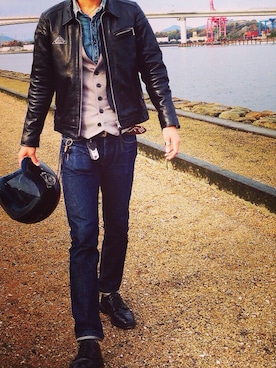 「アイテム（ライダースジャケット）」を使った、hoolywoodさん（メンズ・175cm・20代）の冬コーディネート