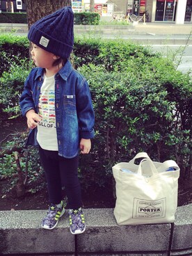 「MIKI HOUSE（ミキハウス）のアイテム（ニットキャップ/ビーニー）」を使った、ryohhさん（キッズ・100cm）の秋コーディネート