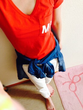 「MHL.（エムエイチエル）の・PRINTED JERSEY -WOMEN（Tシャツ/カットソー、レッド系）」を使った、aaaasaさん（レディース・162cm）の夏コーディネート