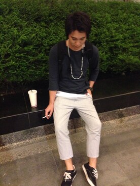 「無印良品（ムジルシリョウヒン）のアイテム（Tシャツ/カットソー、ブルー系）」を使った、ta-san さん（メンズ・173cm）の夏コーディネート