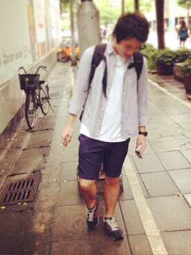 「GU（ジーユー）のアイテム（シャツ/ブラウス、ホワイト系）」を使った、ta-san さん（メンズ・173cm）の夏コーディネート