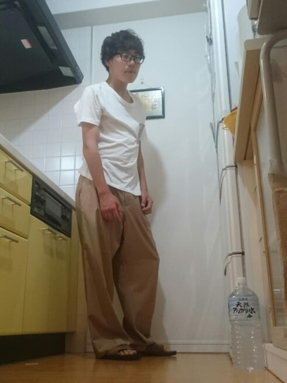 ホワイト系のTシャツ/カットソー、ブラウン系のその他パンツ、ブラウン系のサンダルを着用したメンズの夏コーディネートの1枚目の写真