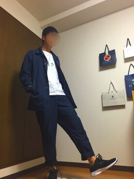 「セットアップ風」｜「アイテム（ステンカラーコート）」を使った、やちおさん（メンズ・176cm）の夏コーディネート