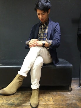 「スエードシューズ」｜「アイテム（ブーツ）」を使った、Tomuraさん（メンズ・168cm）の秋コーディネート