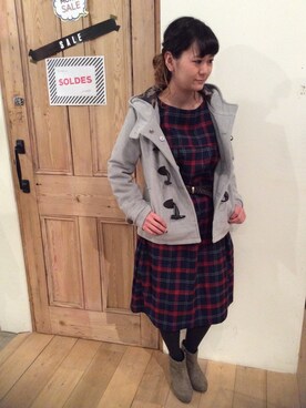 「チェックワンピース」｜「アイテム（ダッフルコート）」を使った、zootie神戸栄町さん（レディース・158cm）の冬コーディネート