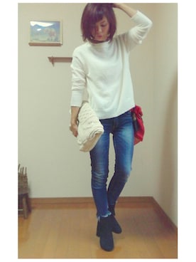 「Ungrid（アングリッド）のインディゴフレイドヘムストスリ（デニムパンツ）」を使った、❁ÿukko❁さん（レディース・157cm）の秋コーディネート