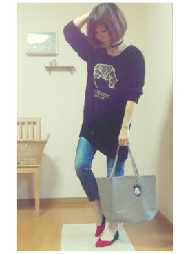 「Ungrid（アングリッド）のインディゴフレイドヘムストスリ（デニムパンツ）」を使った、❁ÿukko❁さん（レディース・157cm）の秋コーディネート